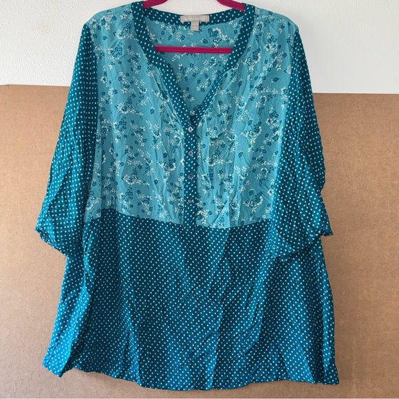 Woman Within Teal and Navy Polka Dot Blouse size 1X - Picture 1 of 6